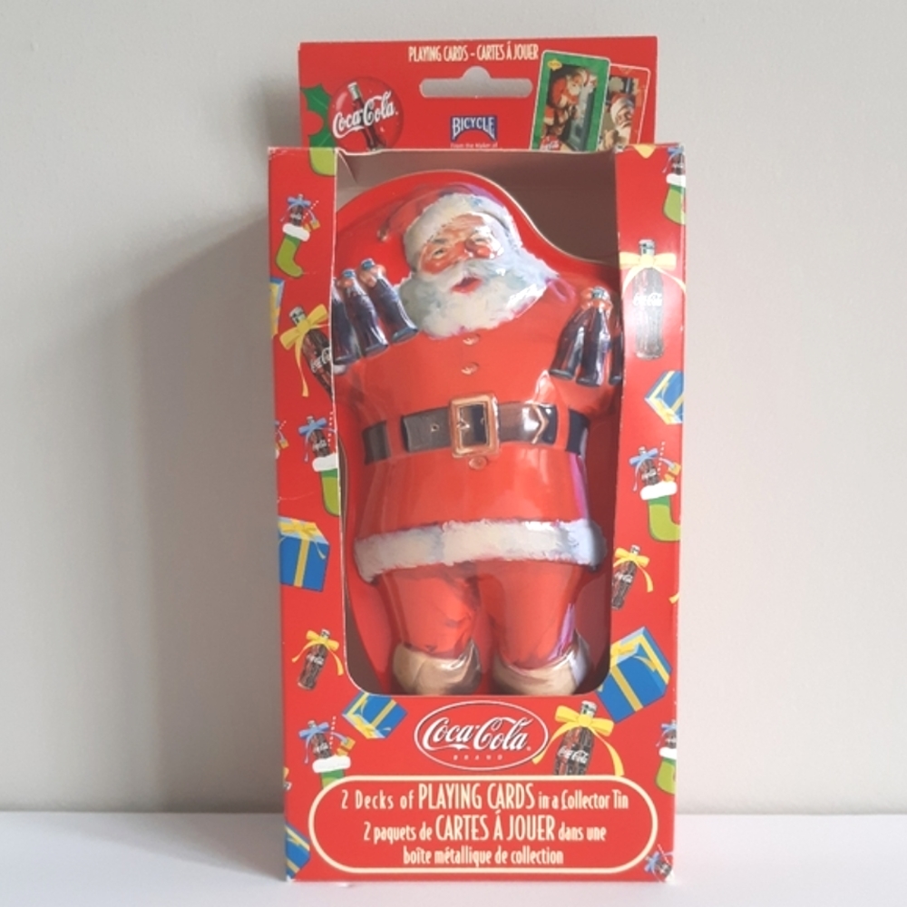 Sealed Coca-Cola playing cards in Santa tin